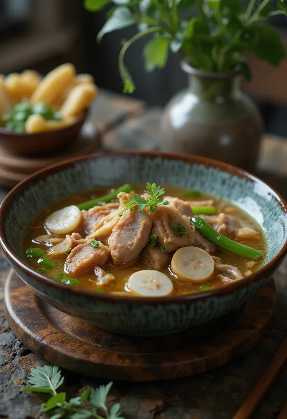 Sinigang sertéshússal, friss korianderrel díszítve