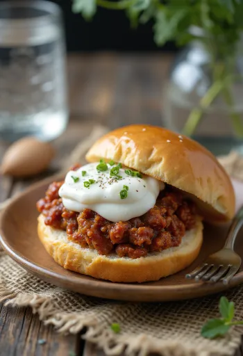Joghurtos Sloppy Joe szendvics, gazdagon elhelyezett darálthúsos töltelékkel