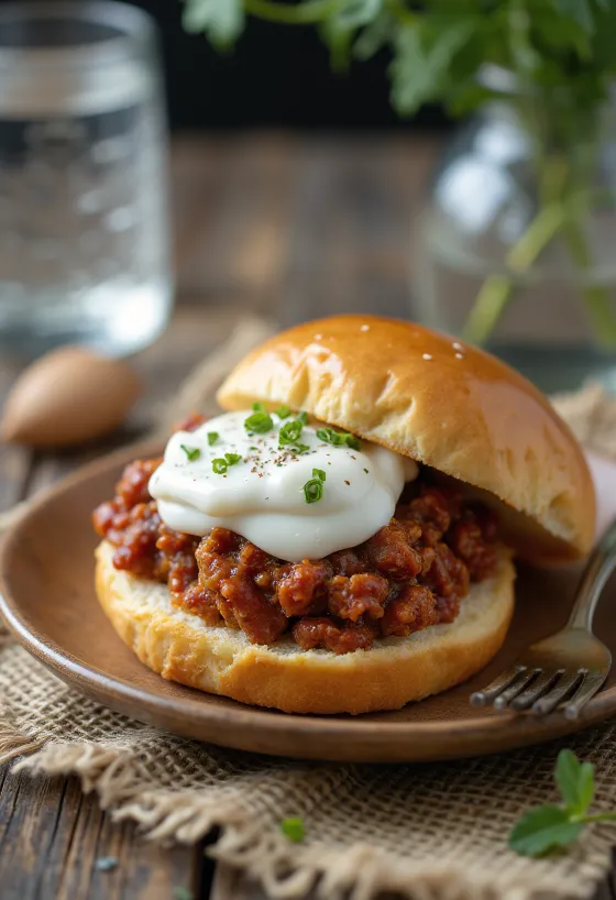 Joghurtos Sloppy Joe szendvics, gazdagon elhelyezett darálthúsos töltelékkel