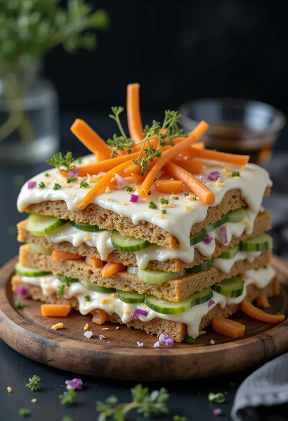 Smörgåstårta vegán változatban, pürésített burgonyával, vegan túróval és zöldségekkel