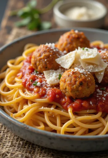 Spagetti húsgolyókkal és paradicsomszósszal tálalva