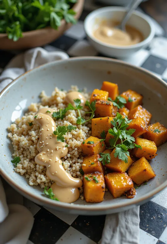 Sütőtökös quinoa lime tofu Buddha-tál currys tahinivel tálalva