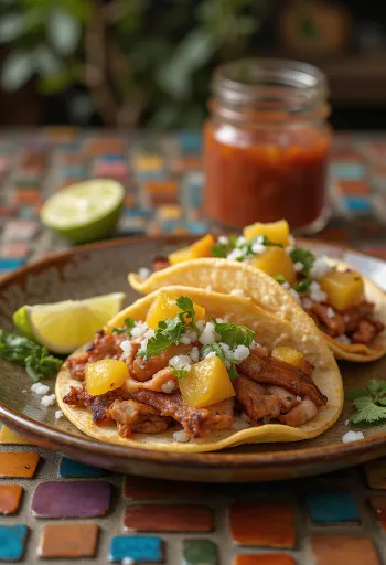 Taco al Pastor grillezett sertéshússal, ananásszal és korianderrel