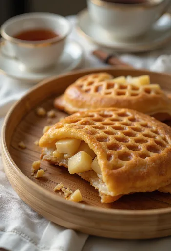Taiyaki almával tálalva, friss sütemény almás töltelékkel