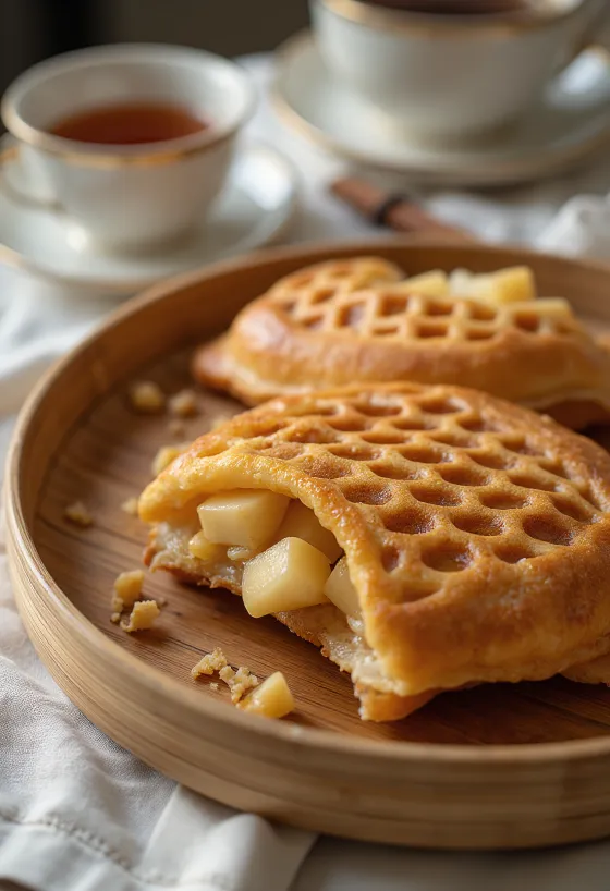 Taiyaki almával tálalva, friss sütemény almás töltelékkel