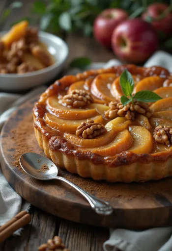 Tarte Tatin dióval, karamellizált alma és dióval tálalva