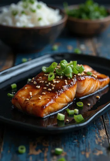 Teriyaki lazac tálalva szezámmaggal és zöldhagymával