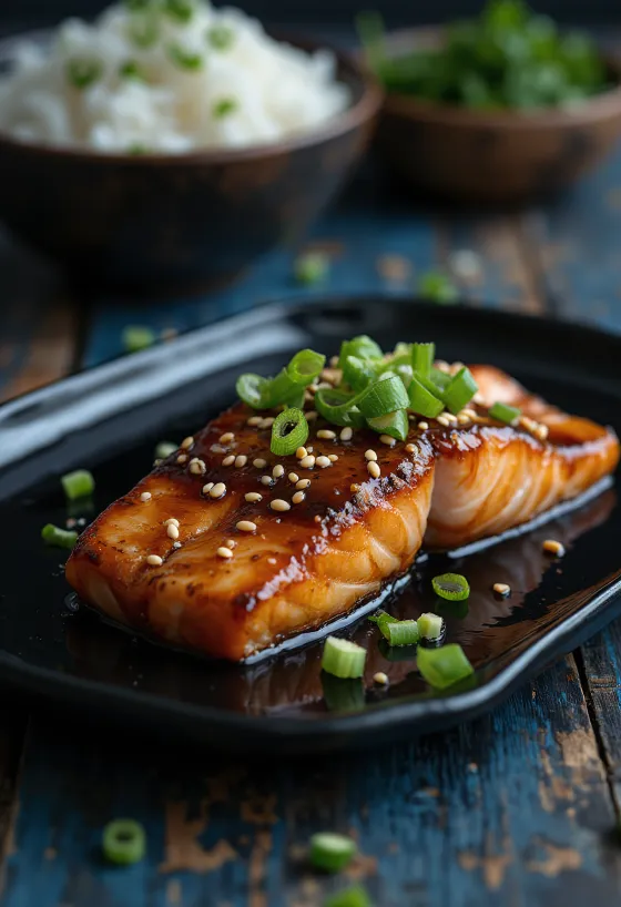 Teriyaki lazac tálalva szezámmaggal és zöldhagymával