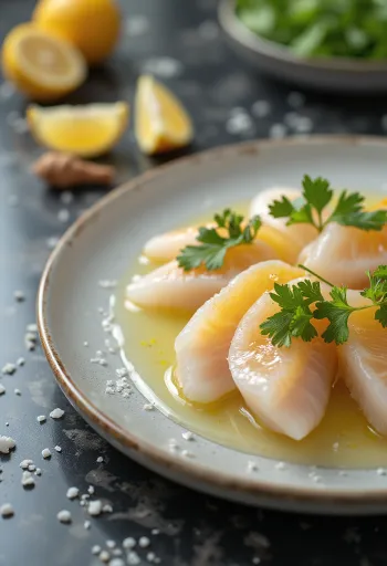 Tiradito yuzu szósszal, friss hal szeletek chili, koriander és lime díszítéssel