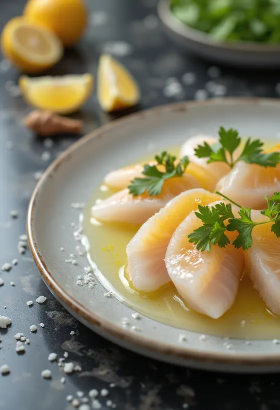 Tiradito yuzu szósszal, friss hal szeletek chili, koriander és lime díszítéssel