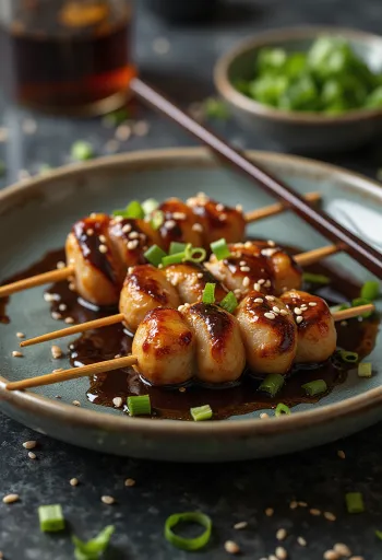 Tsukune gombócok gombával, szójaszósszal tálalva