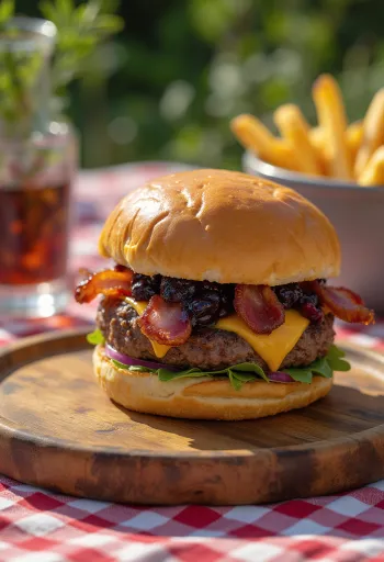 Áfonyás-baconös burger tálalva