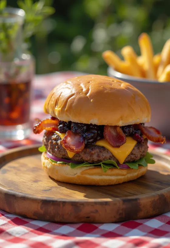 Áfonyás-baconös burger tálalva