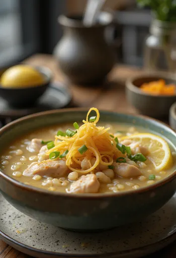 Arroz Caldo csirkével, egy tál leves gazdag ízekkel és rizses állaggal