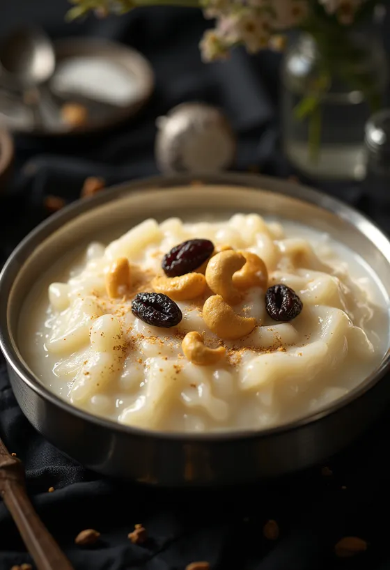 Aval payasam tálalva kókuszreszelékkel és mazsolával díszítve