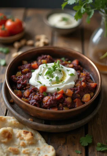 Baingan bharta joghurttal, fűszeres padlizsán és joghurt keveréke