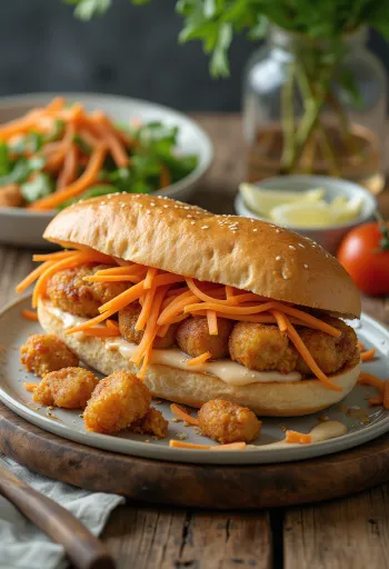 Bánh Mì Chả Cá halpogácsás szendvics friss zöldségekkel és korianderrel tálalva.