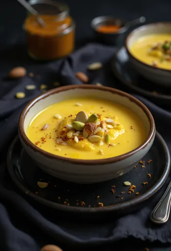 Basundi sáfránnyal, indiai tejdesszert mandulával és pistáciával