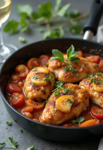 Cacciatore csirke fokhagymával, paradicsomszósszal és olívabogyóval tálalva