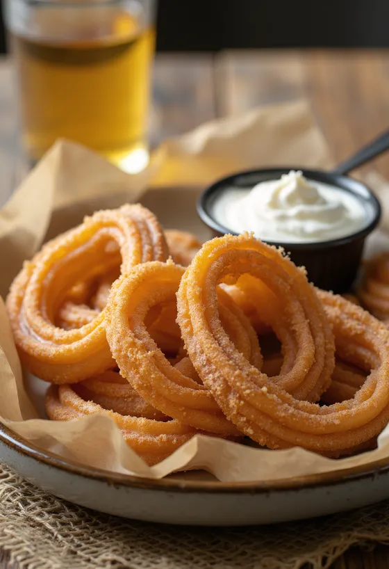 Churros tejföllel, frissen sült ropogós tésztában, tejfölös öntettel
