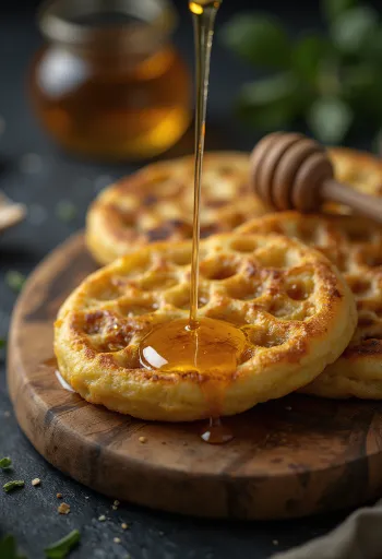 Crumpet mézzel aranybarna, puha sütemények