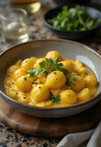 Curry-s gnocchi tálalva