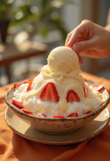 Ddalgi bingsu, friss eperrel, joghurttal és menta levelekkel tálalva