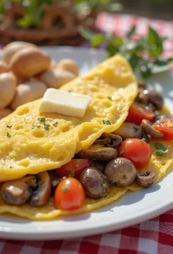 Gombás omlett paradicsommal, friss petrezselyem díszítéssel