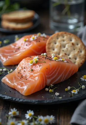 Gravlax kamillával, friss lazac filével, tálalva egy elegáns tányéron