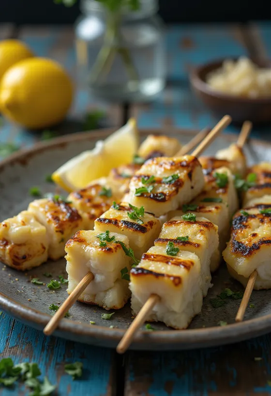 Grillezett aligátorhús tálalva citrommal és grillezett zöldségekkel