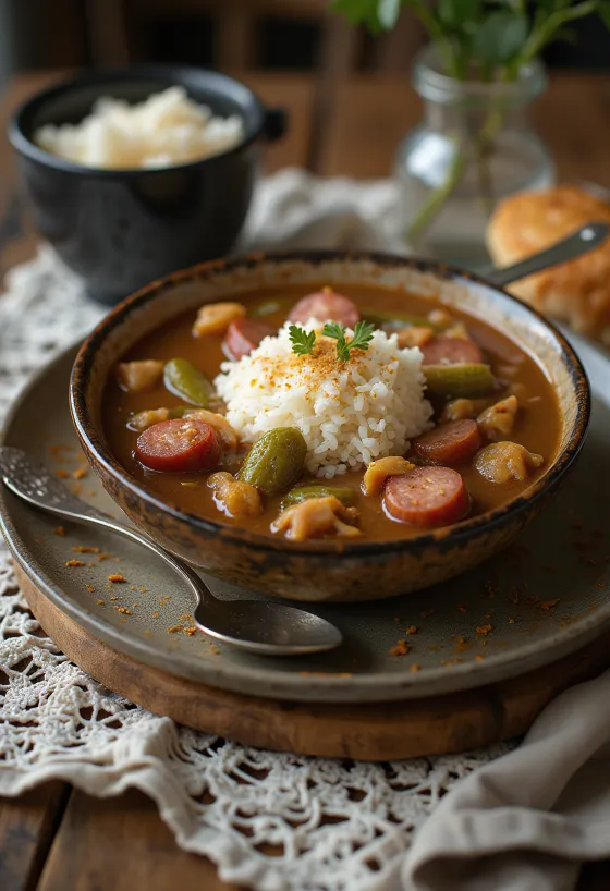 Gumbo füstölt kolbásszal, egy tál ínycsiklandó, fűszeres étel