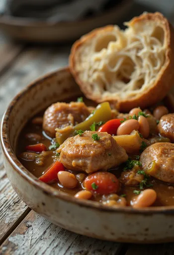 Gumbo paprikával, gazdag csirkehúsos étel paprikával és kolbásszal tálalva