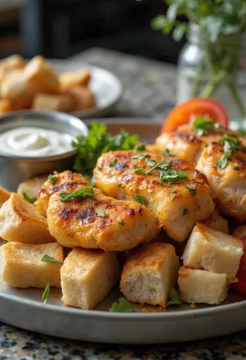 Iskender kebab csirkével joghurtos fokhagymás öntettel és pirított pitával tálalva