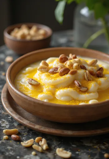 Kesar Rabri, gazdag sáfrányos tejkrém, mandulával és pistáciával díszítve