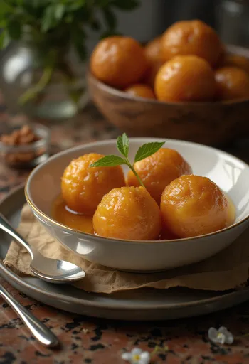 Klasszikus Gulab Jamun tálalva, rózsavizes szirupban.