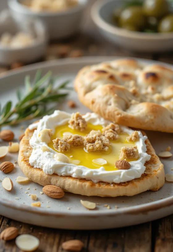 Leipäjuusto vegán sajttal tálalva, pirított pita kenyérrel és friss fűszerekkel
