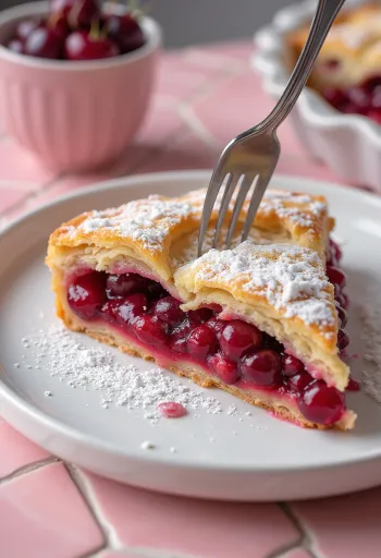 Friss, házi meggyes pite porcukorral meghintve és ropogós tésztával.