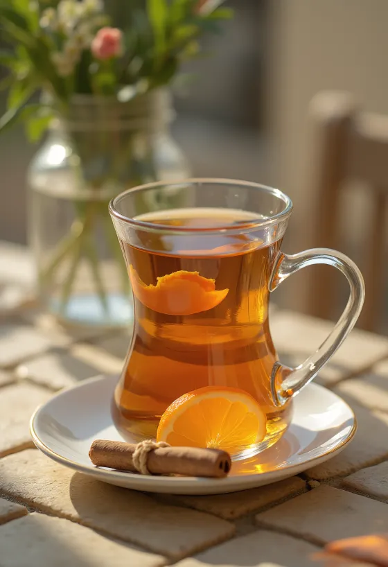 Mézes-fűszeres tea bögrében, fahéjrúddal és citromkarikával díszítve