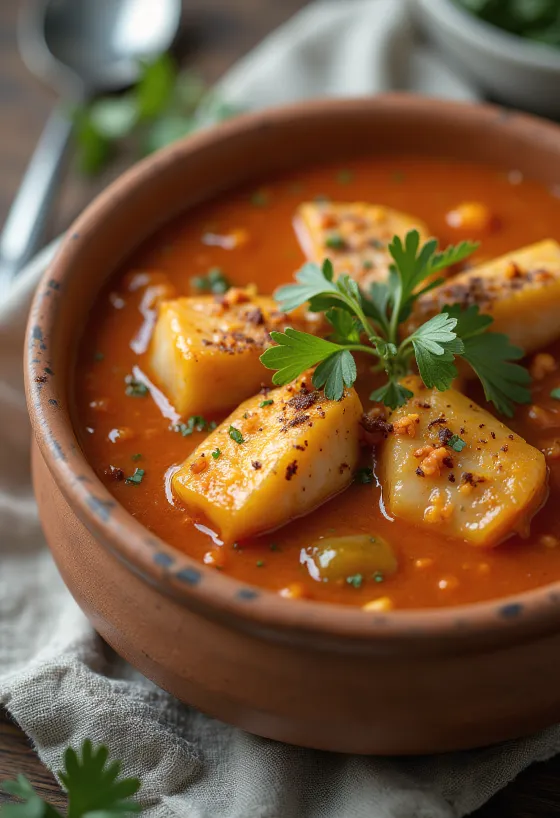 Moqueca tálalva fűszeres szósszal, halakkal és kókusztejjel