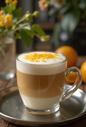 Narancsos-vaníliás latte kávéital tejszínhabbal és narancsszelettel díszítve