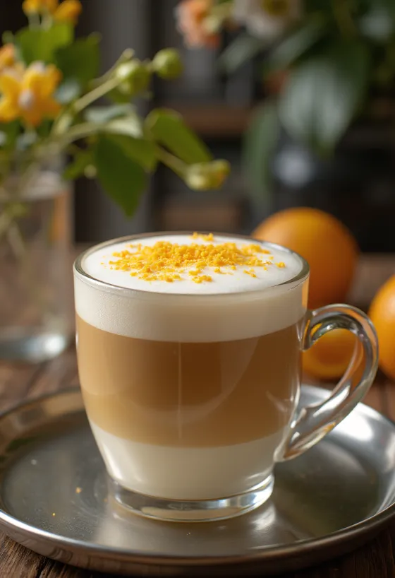 Narancsos-vaníliás latte kávéital tejszínhabbal és narancsszelettel díszítve