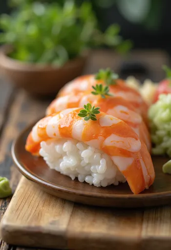 Nigiri garnélával tálalva, friss garnélarák szeletekkel és wasabival