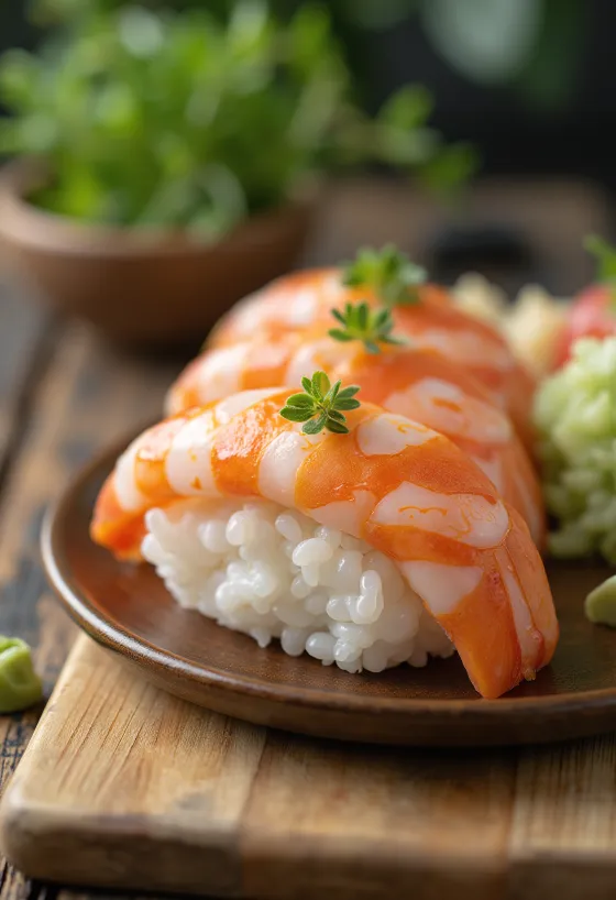 Nigiri garnélával tálalva, friss garnélarák szeletekkel és wasabival
