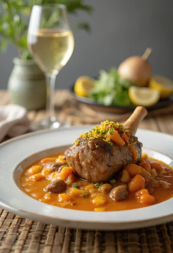 Osso buco alla milanese gremolatával és zöldséges szószban tálalva