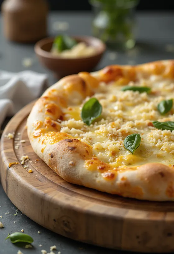 Fehér pizza tálalva ricottával, mozzarellával és friss fűszerekkel