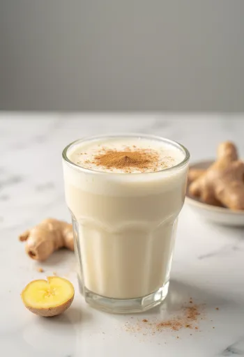 Fűszeres gyömbéres kefir poharakban tálalva, világos színű ital, finoman megszórva fahéjjal