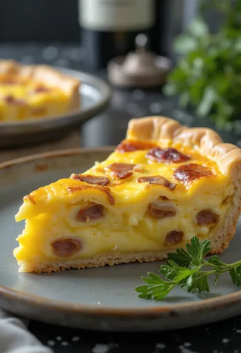 Klasszikus Quiche Lorraine, ropogós omlós tésztában krémes töltelékkel, szalonnadarabokkal és sajttal.