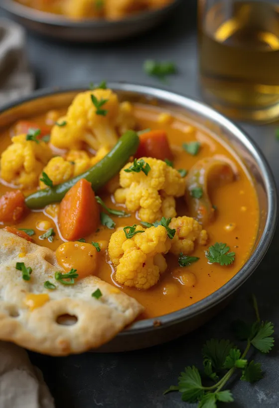 Sambar karfiollal frissen tálalva