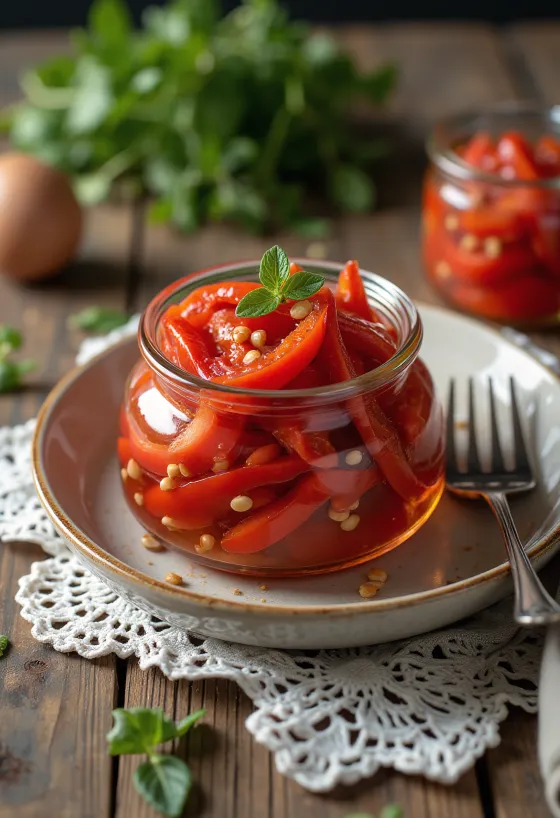 Savanyított piros paprika csíkok üvegben tálalva