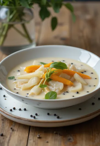 Shukto tejjel, zöldségekkel és tej alapú szószban tálalva